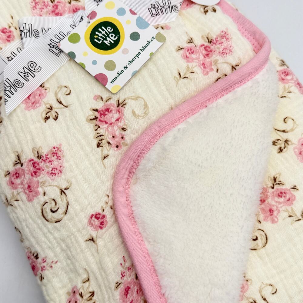 Little Me Muslin Sherpa Pink Floral Roses Baby Blanket 100% Cotton NEW - Picture 3 of 5